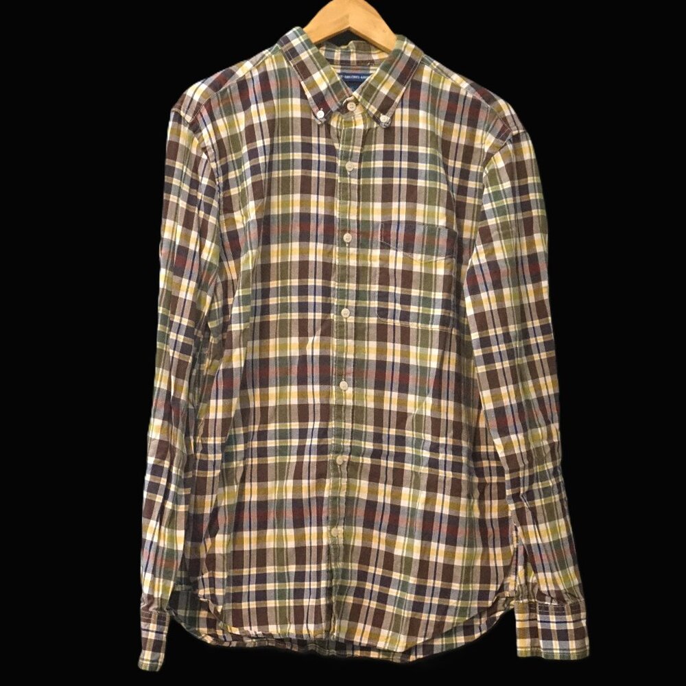 Old Navy Button Down Slim Fit Navy Green Maroon Plaid Woven Shirt Men's Large
